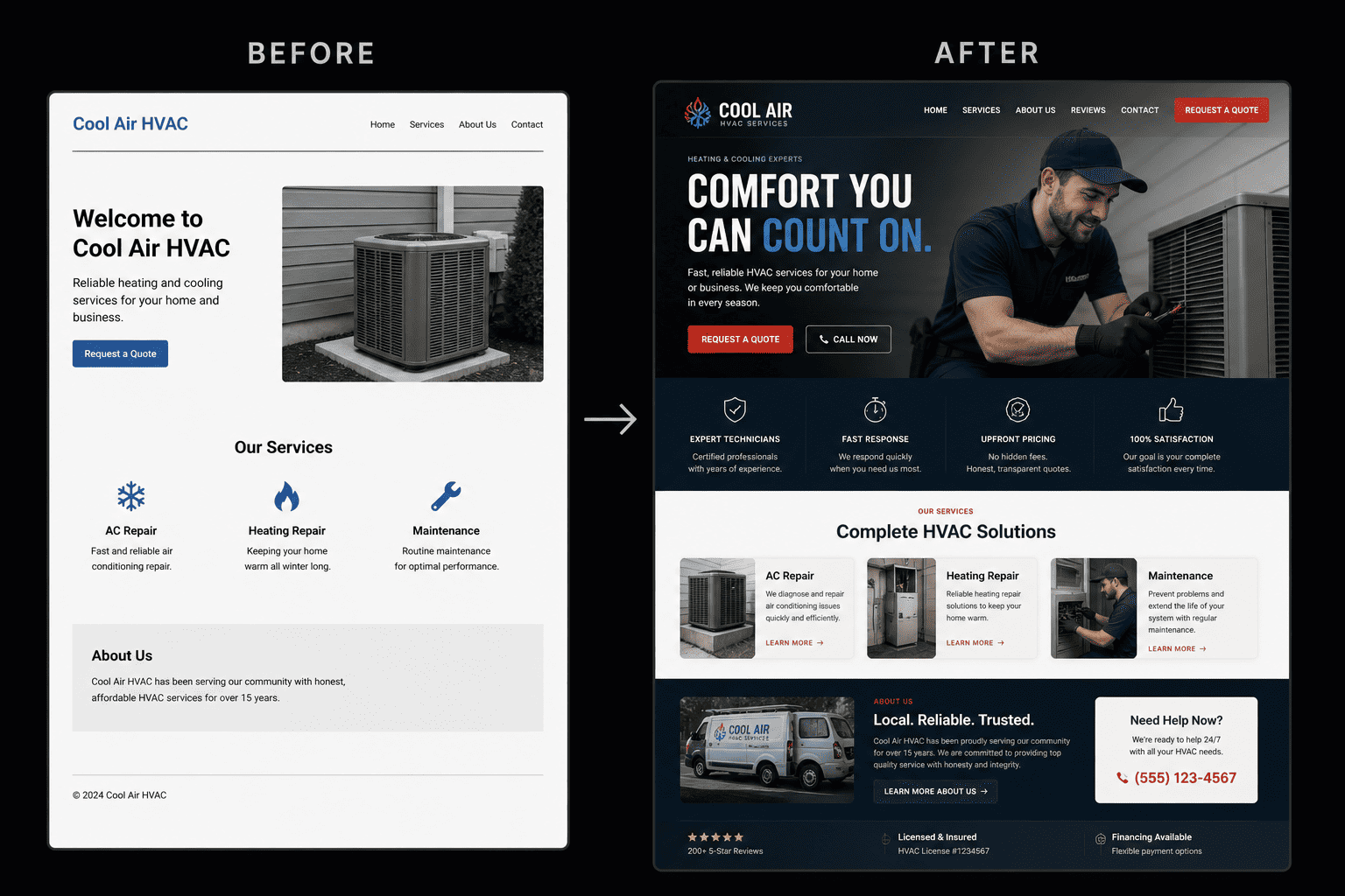 Before and after HVAC website redesign comparison