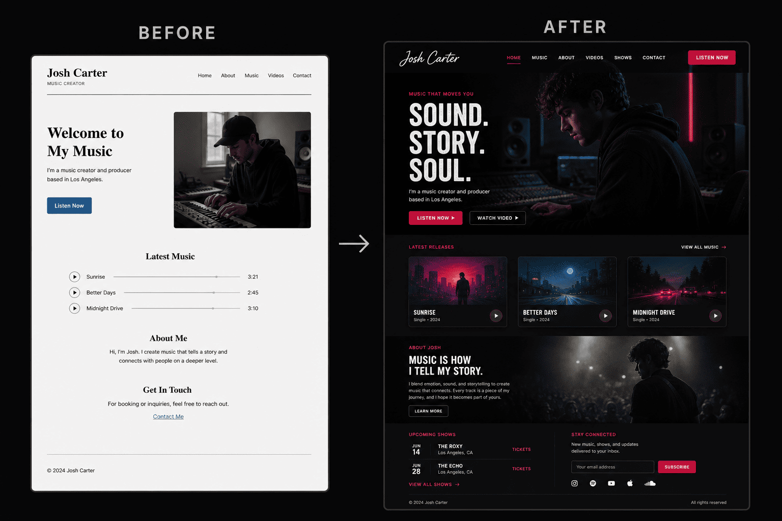 Before and after music creator website redesign comparison