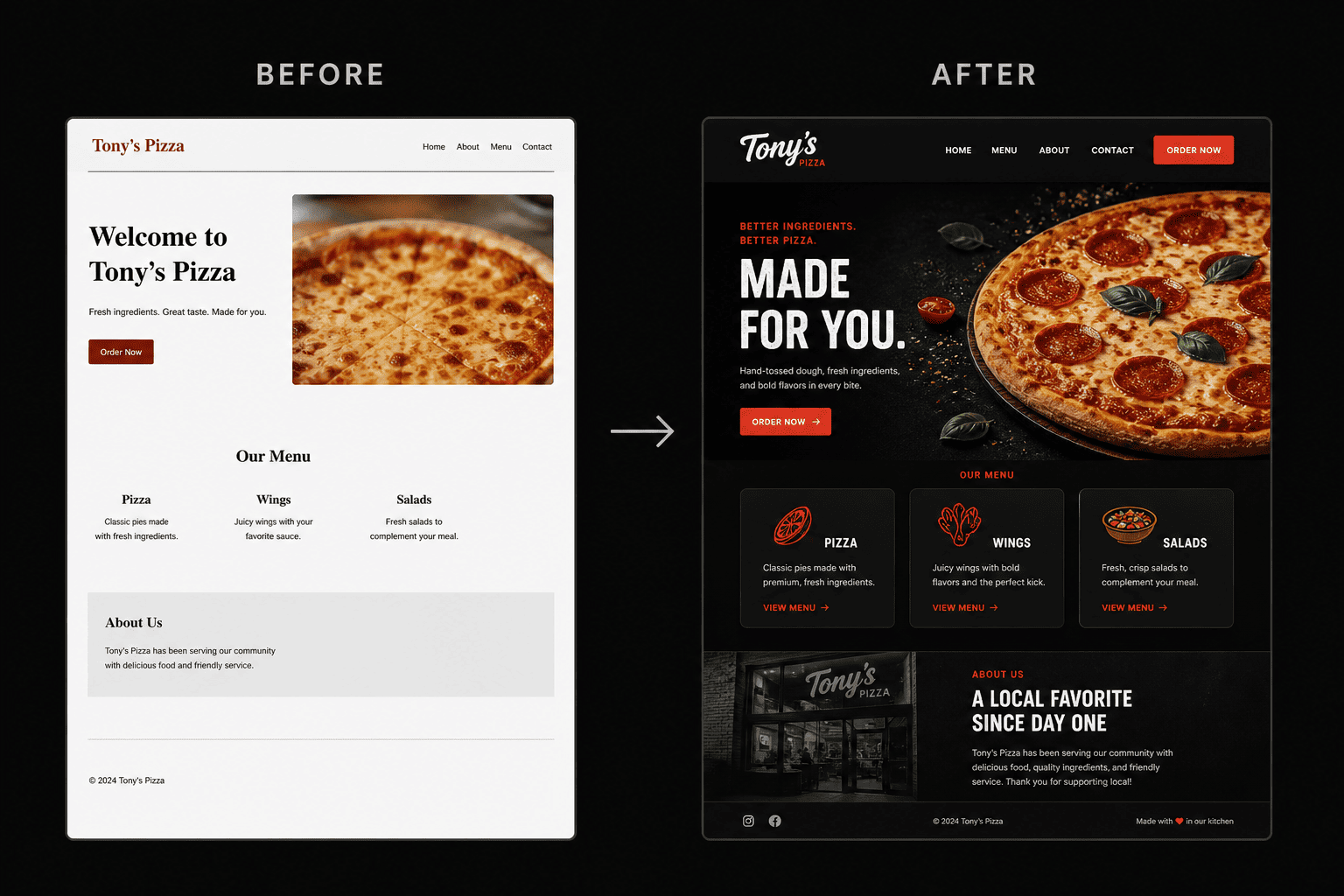 Before and after pizza website redesign comparison
