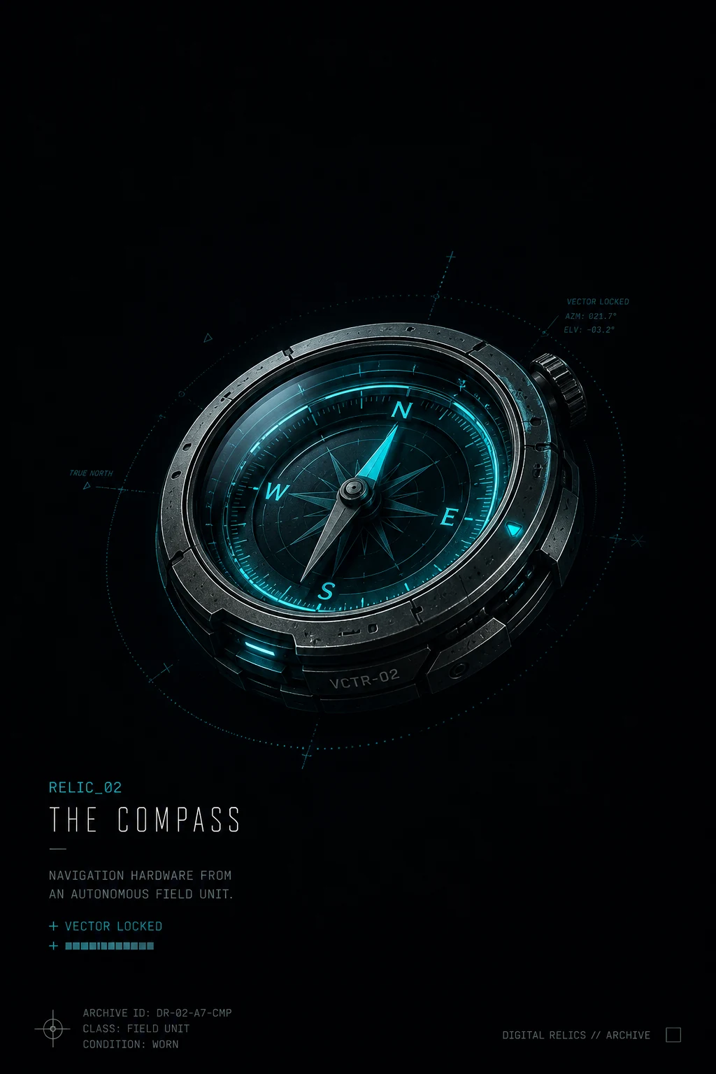 The Compass — VCTR-02 tactical navigation instrument with cyan backlit dial