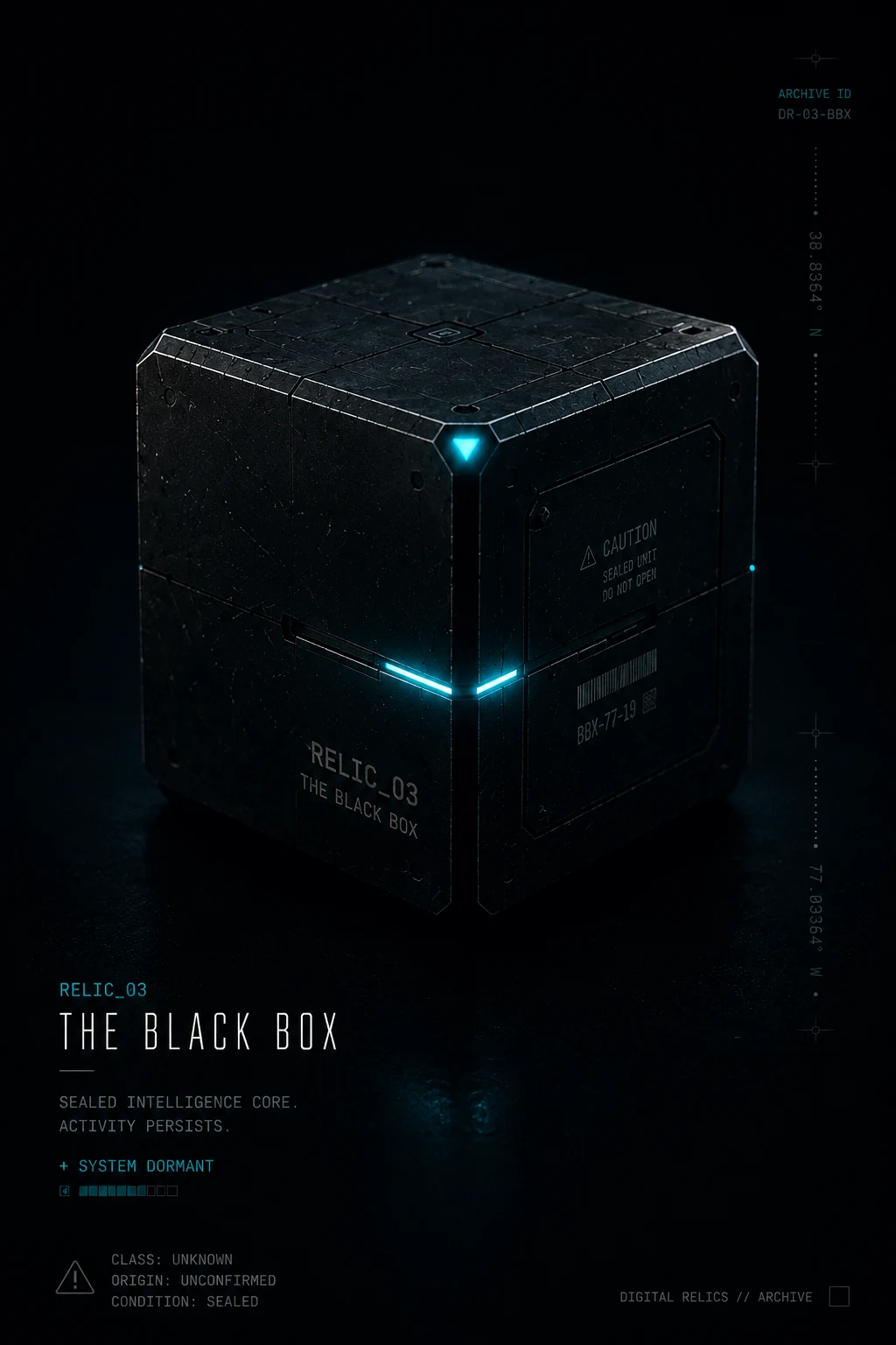 The Black Box — BBX-77-19 sealed intelligence core with cyan indicator light