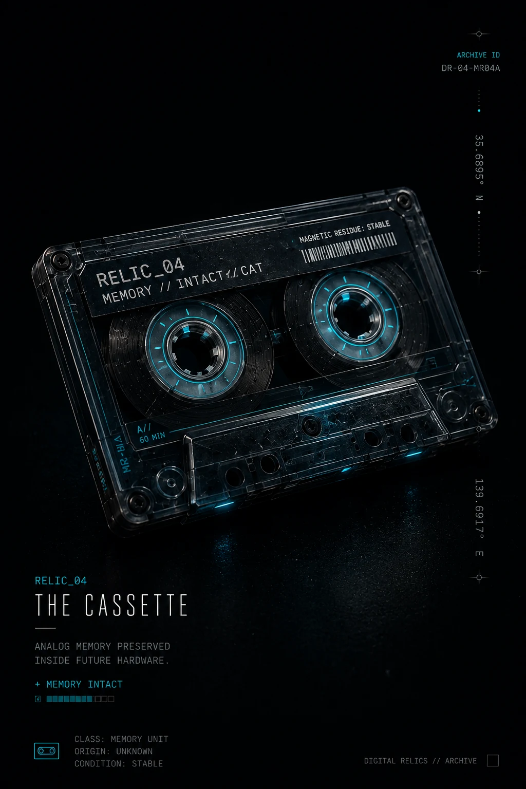 The Cassette — MR-B1A analog tape cartridge with illuminated cyan reels