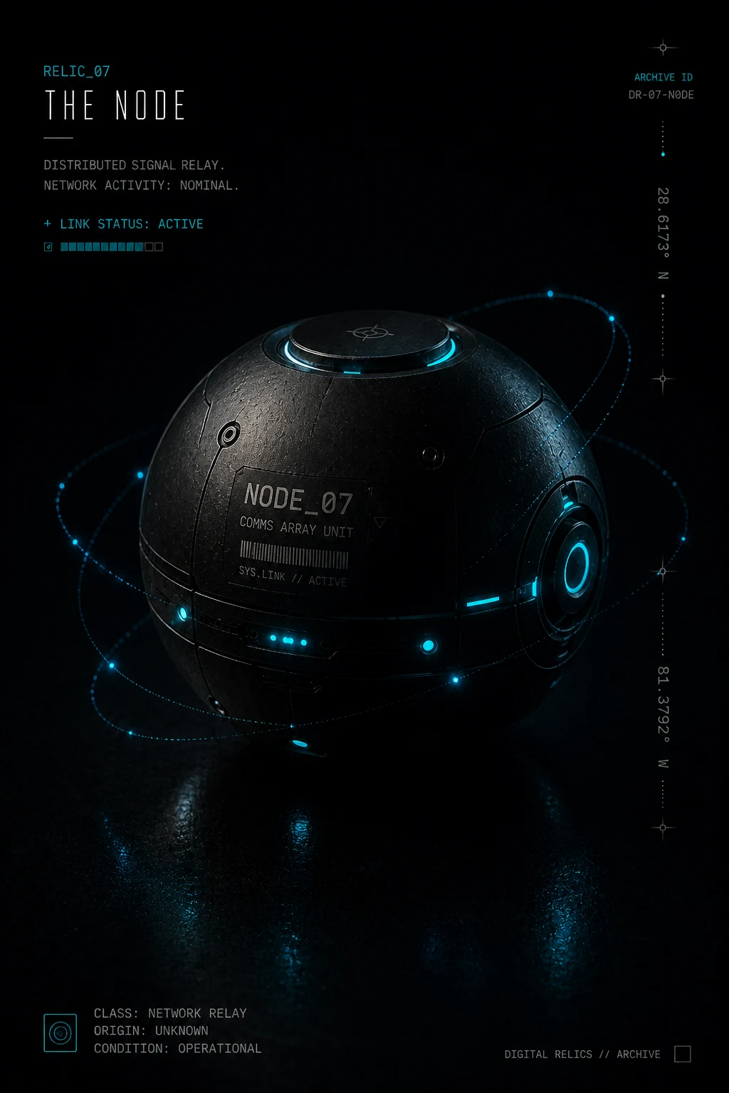 The Node — NODE_07 comms array unit, spherical distributed signal relay with active cyan ports