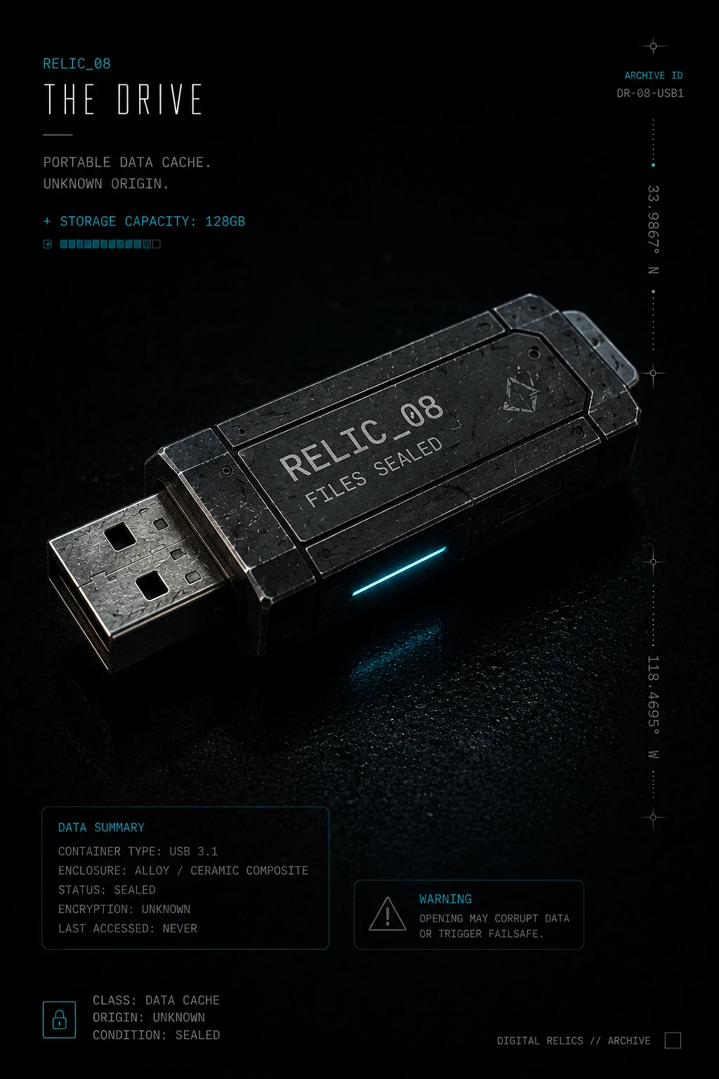 The Drive — RELIC_08 USB 3.1 portable data cache with alloy ceramic composite enclosure, files sealed