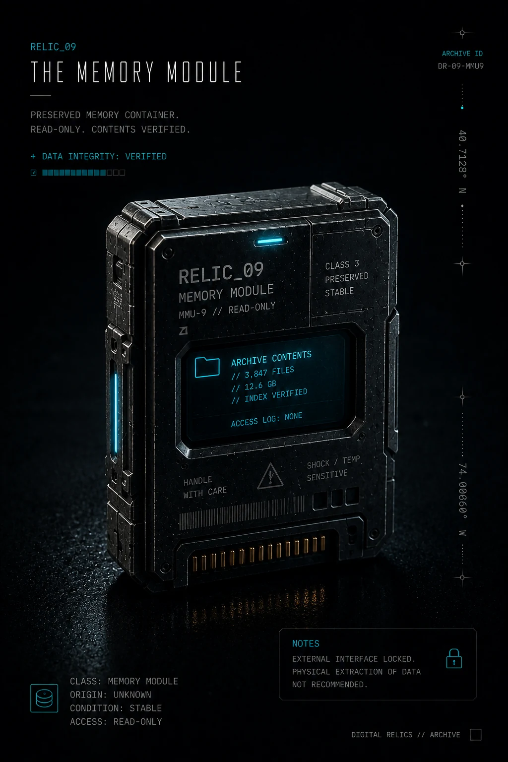 The Memory Module — MMU-9 read-only preserved memory container with 3,847 files verified