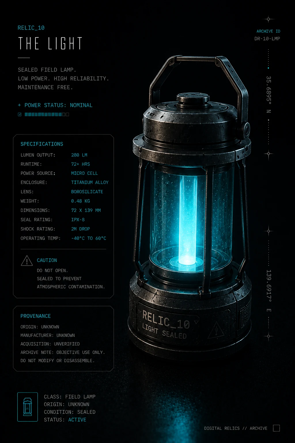 The Light — RELIC_10 sealed field lamp with cyan internal illumination, titanium alloy enclosure