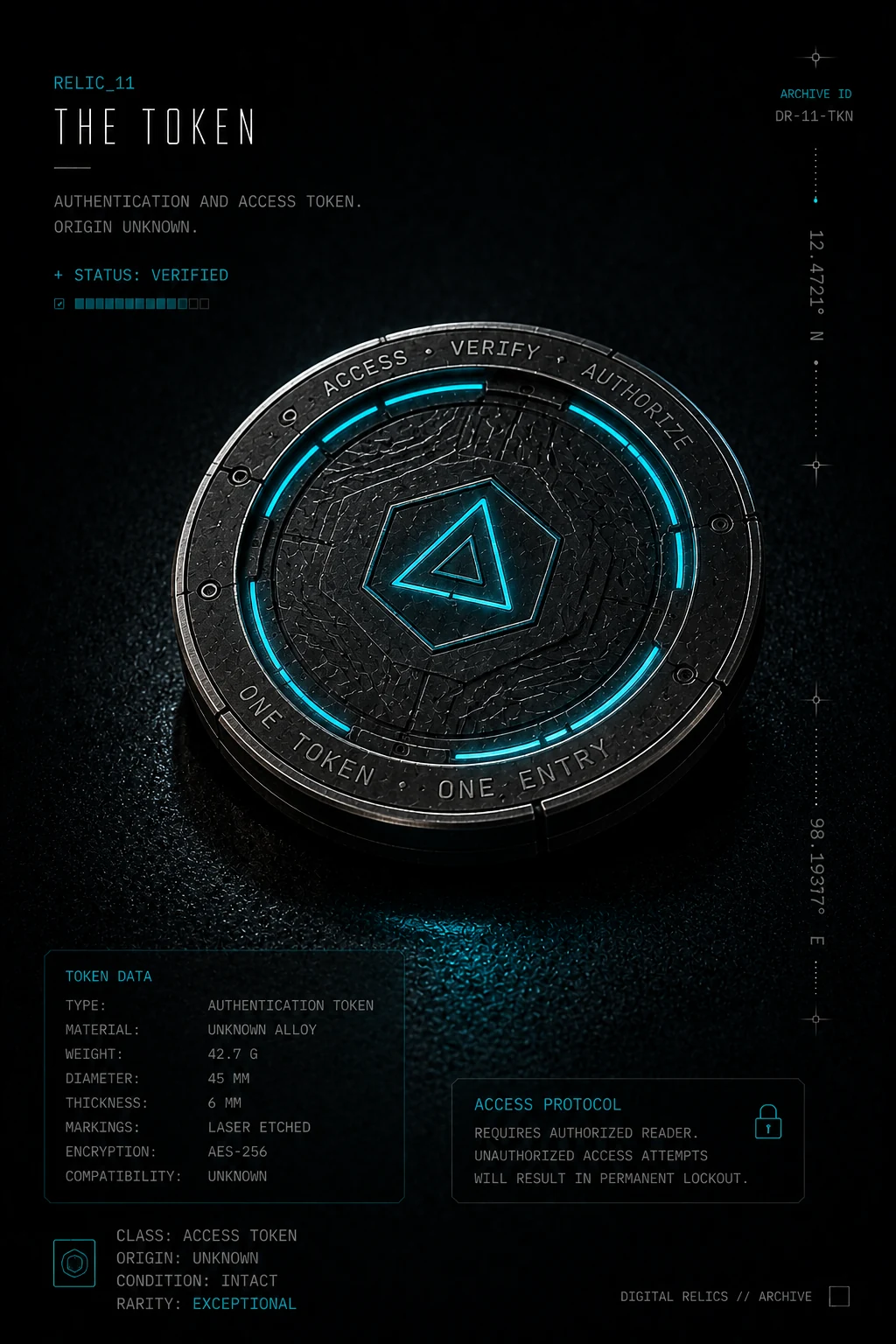The Token — authentication and access disc with cyan encrypted markings