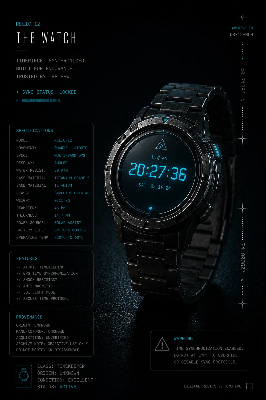 The Watch — RELIC-12 titanium AMOLED timepiece displaying UTC time, quartz and atomic movement