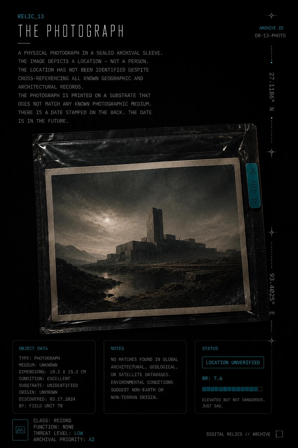 The Photograph — sealed archival sleeve containing an unidentified location printed on an unknown substrate