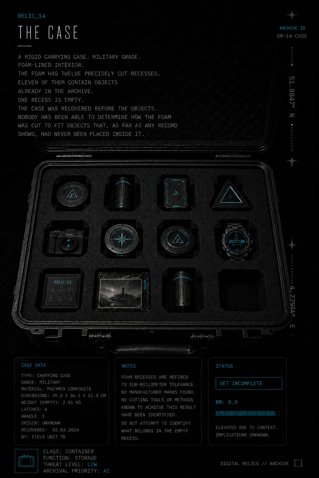 The Case — rigid foam-lined carrying case with eleven archived objects and one empty recess
