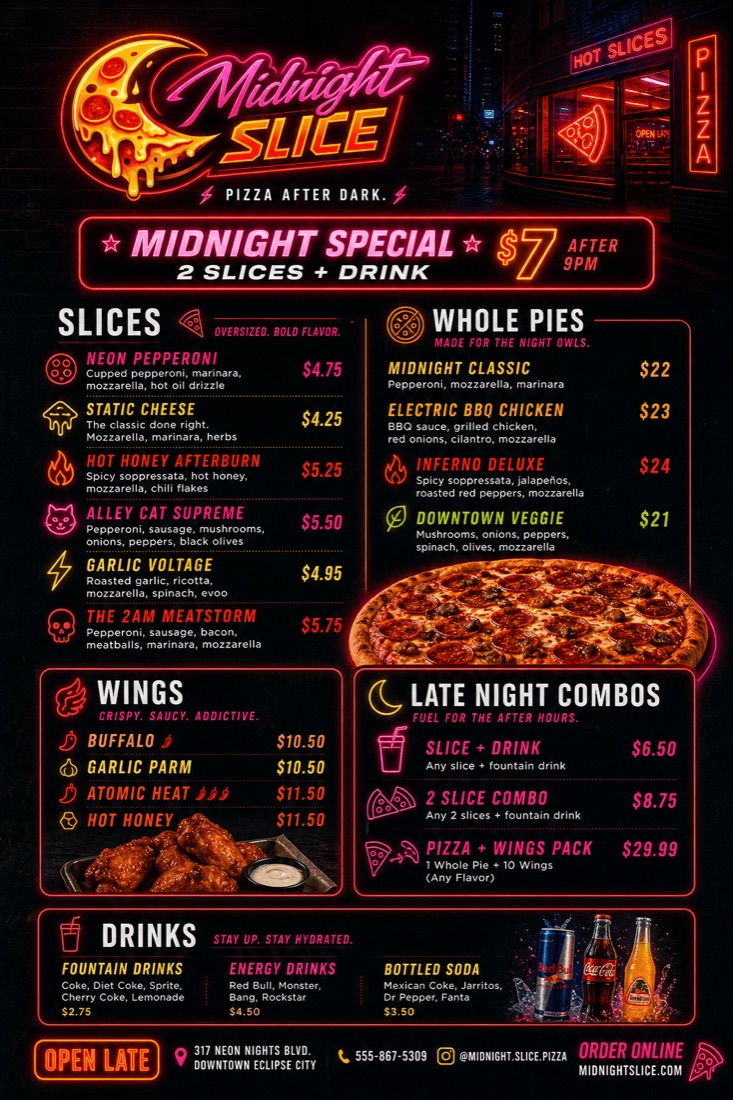 Midnight Slice neon pizza menu design