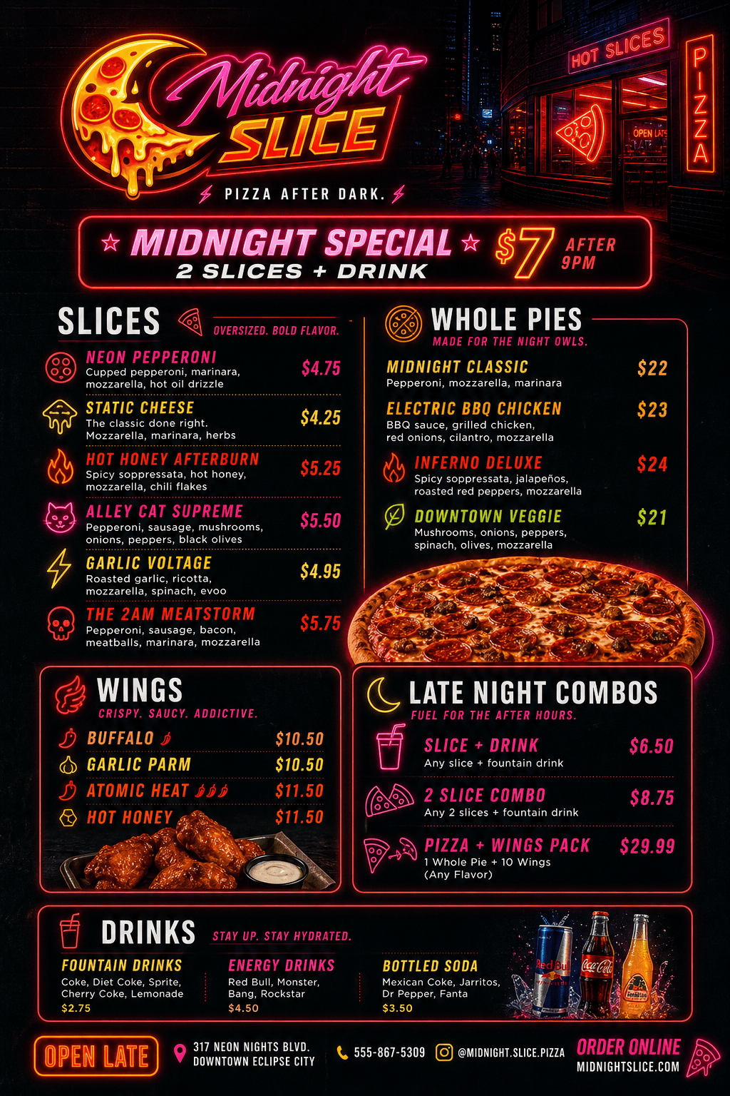 Neon Midnight Slice illustrated menu poster