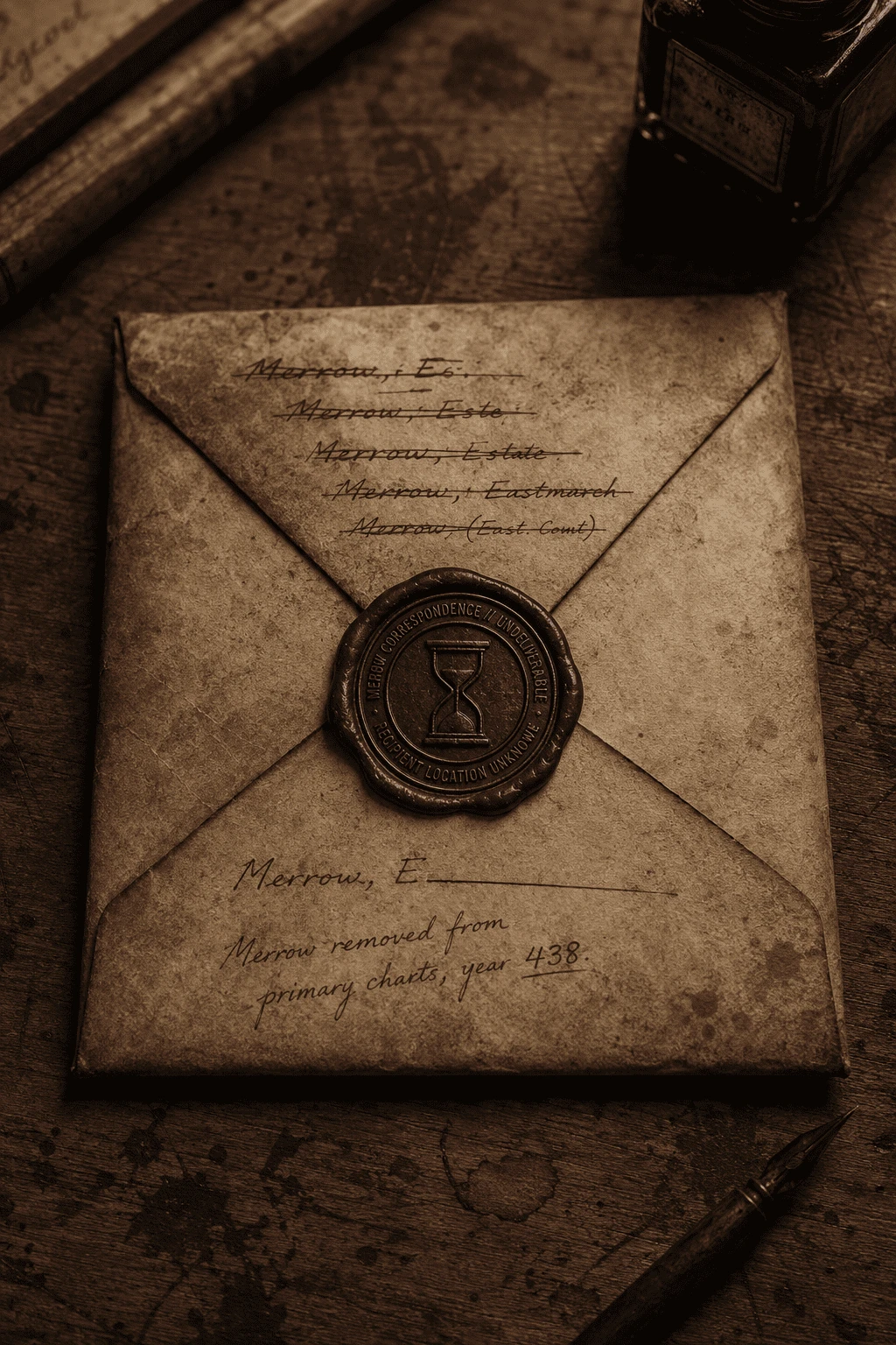 Sealed aged envelope addressed to Merrow with crossed-out addresses and hourglass undeliverable wax seal
