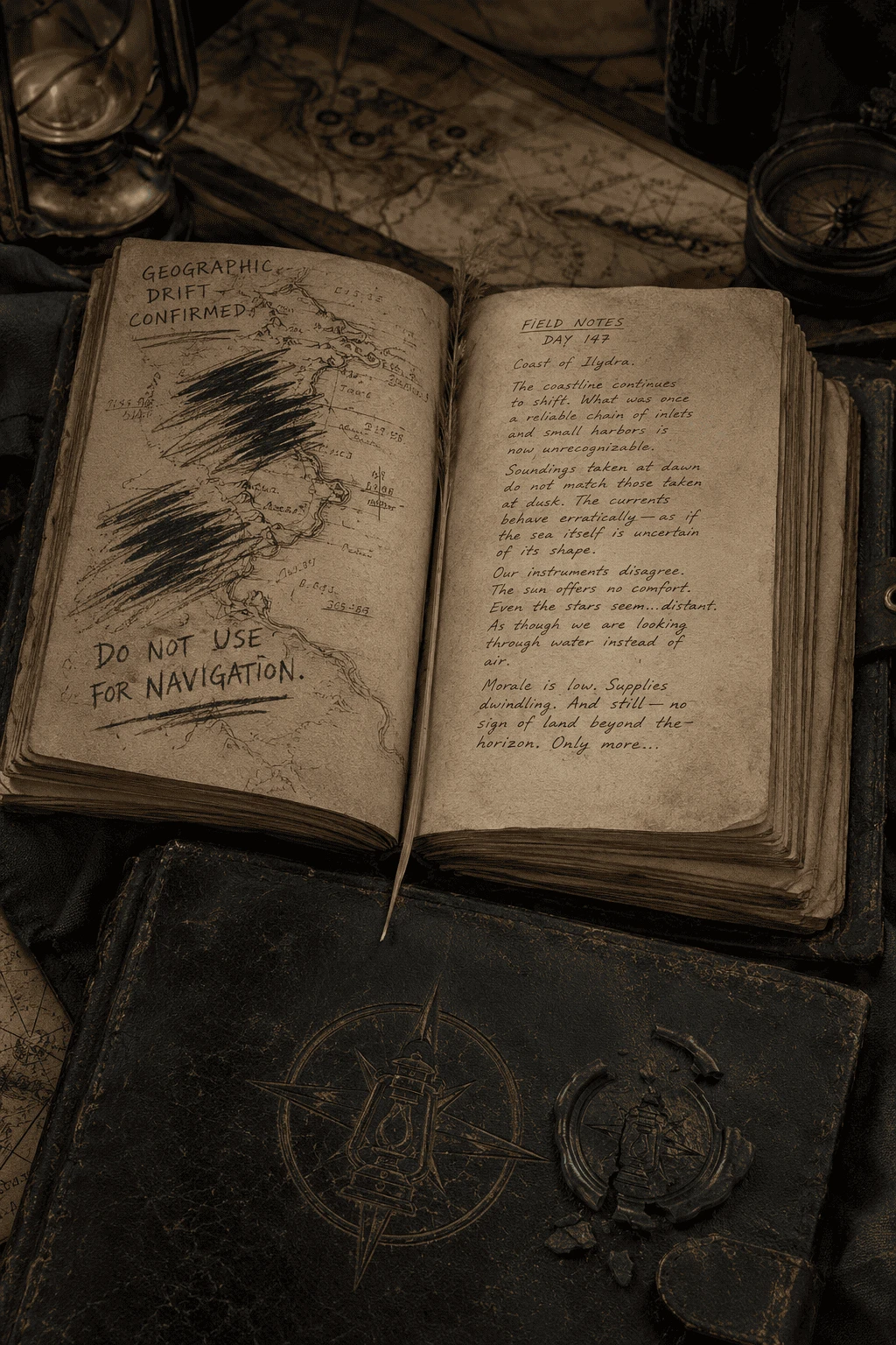 Open expedition field journal showing geographic drift confirmed map and mid-sentence field notes