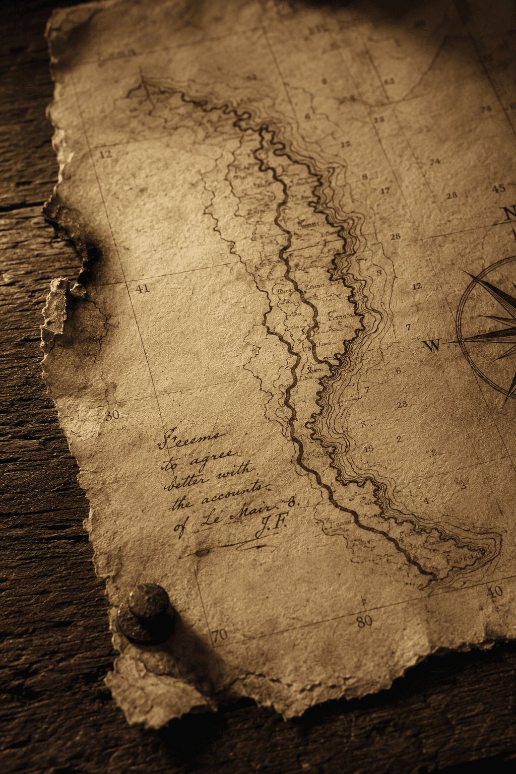 Torn parchment map fragment pinned to dark wood, showing a coastline with a second diverging coastline drawn over it in darker ink, marginal notation reading Seems to agree better with the accounts of Le Mair