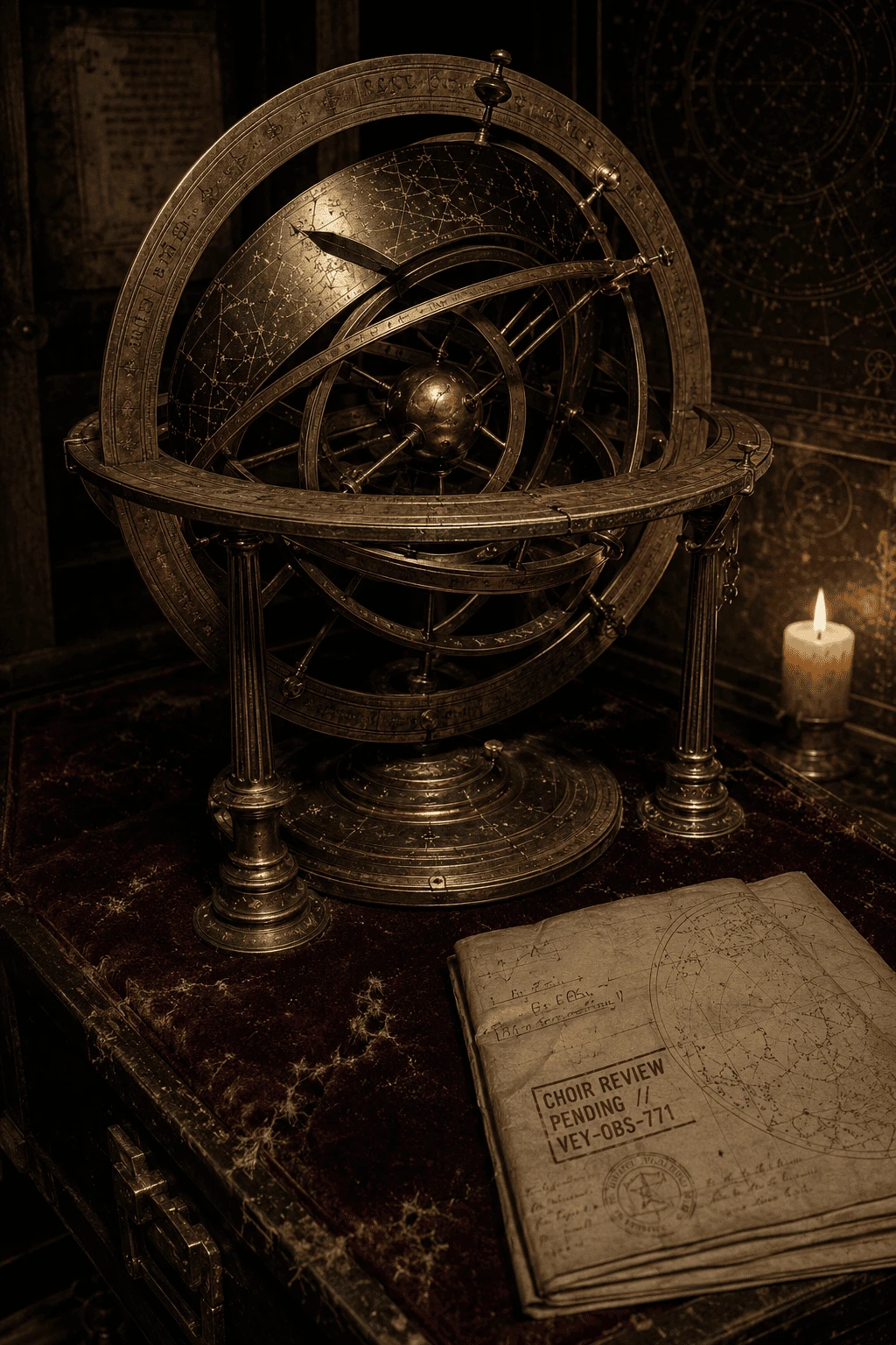 Brass armillary sphere astronomical instrument with Choir Review Pending VEY-OBS-771 notation