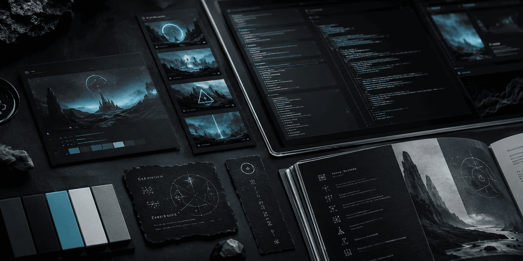 Close-up strip of launch-ready brand assets, code, and lore documents